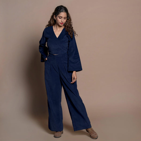 Navy Blue 100% Cotton Velvet Full Sleeve Wrap Crop Top