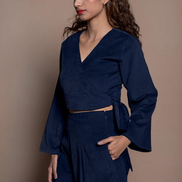 Navy Blue 100% Cotton Velvet Full Sleeve Wrap Crop Top