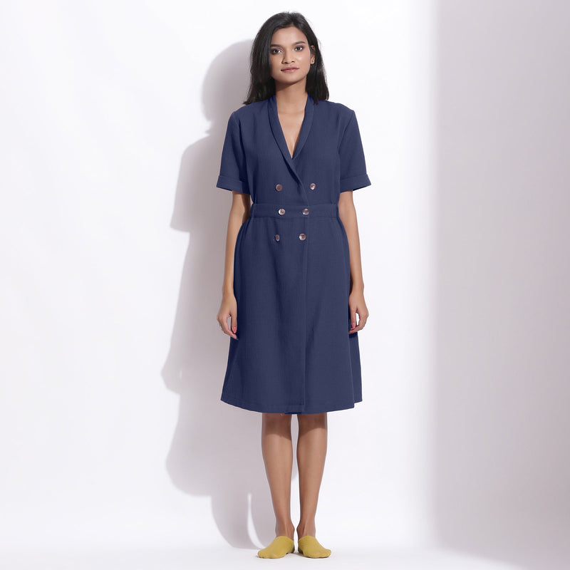 Front View of a Model wearing Navy Blue Cotton Waffle Knee Length Coat Dress
