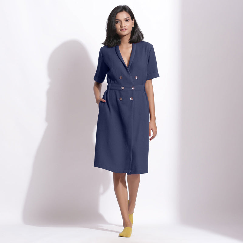 Front View of a Model wearing Navy Blue Cotton Waffle Knee Length Coat Dress