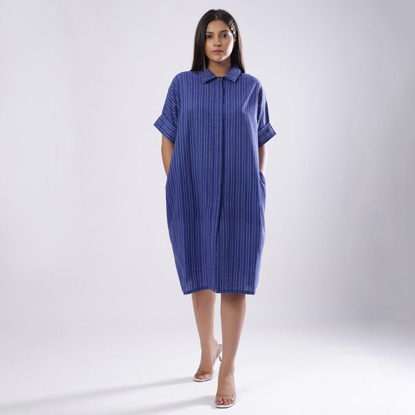 Front View of a Model wearing Navy Blue Azo-Free Dyed Shirt Dress