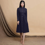 Front View of a Model wearing Navy Blue Button Down Cotton Flax Knee Length Formal Dress