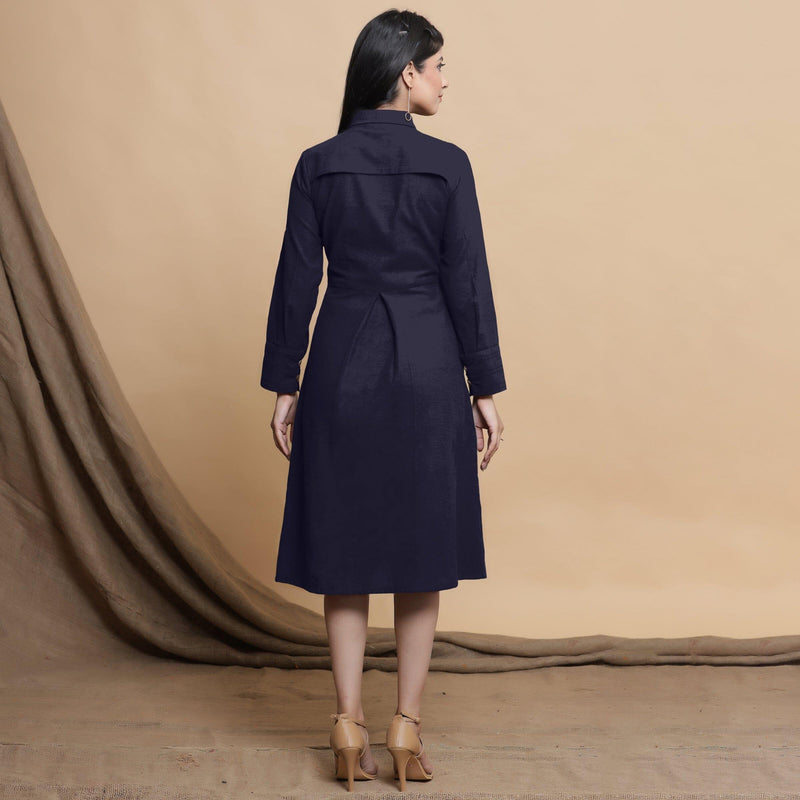 Back View of a Model wearing Navy Blue Button Down Cotton Flax Knee Length Formal Dress
