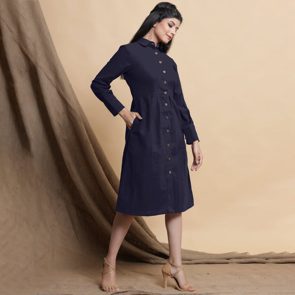 Right View of a Model wearing Navy Blue Button Down Cotton Flax Knee Length Formal Dress