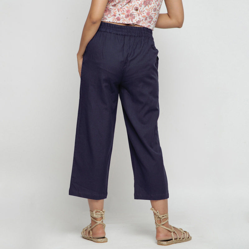 Back View of a Model wearing Navy Blue Comfy Cotton Flax Culottes