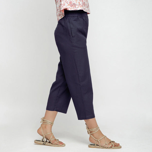 Right View of a Model wearing Navy Blue Comfy Cotton Flax Culottes