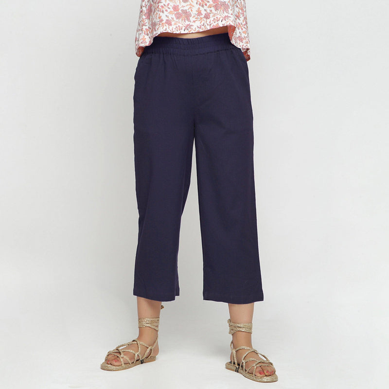 Front View of a Model wearing Navy Blue Comfy Cotton Flax Culottes