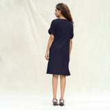 Navy Blue Cotton Flax A-Line Knee Length Wrap Dress