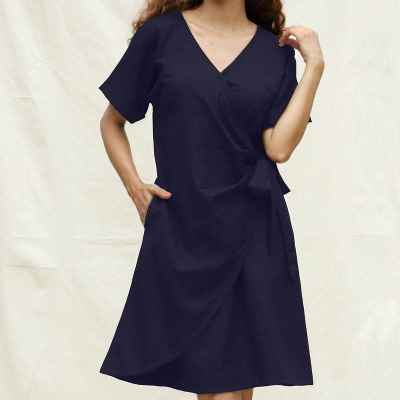 Navy Blue Cotton Flax A-Line Knee Length Wrap Dress