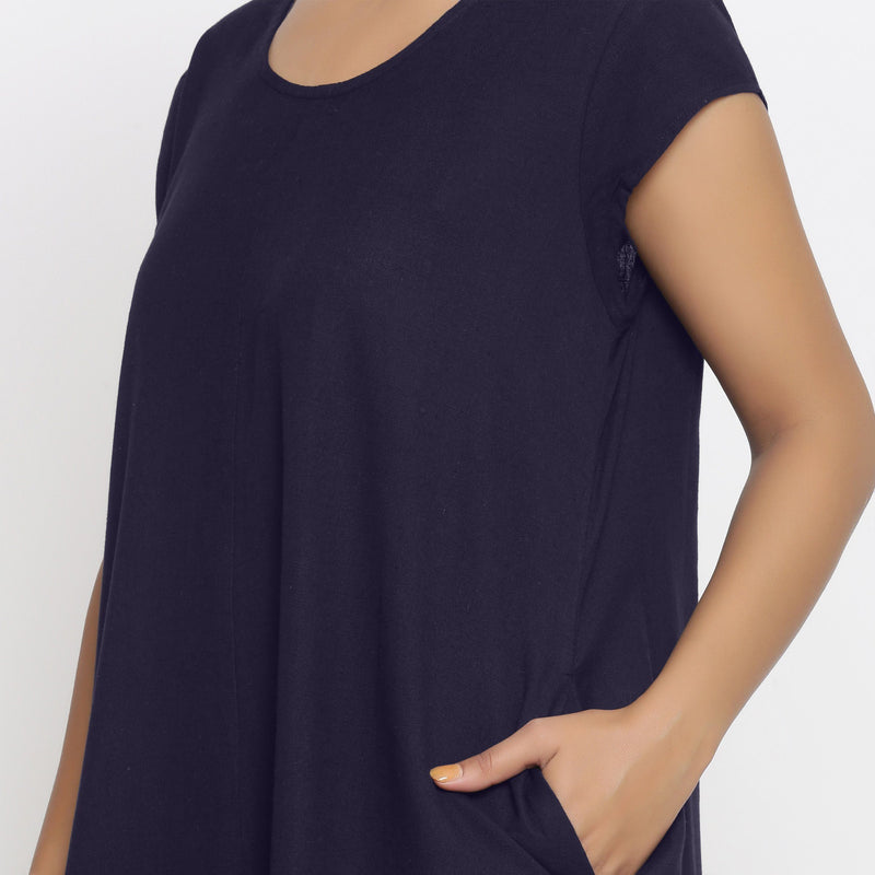 Front Detail of a Model wearing Navy Blue Cotton Flax A-Line Paneled Dress