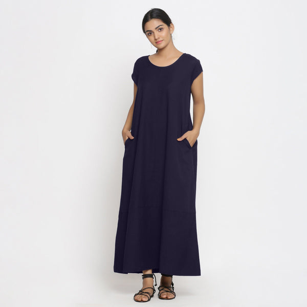 Front View of a Model wearing Navy Blue Cotton Flax A-Line Paneled Dress
