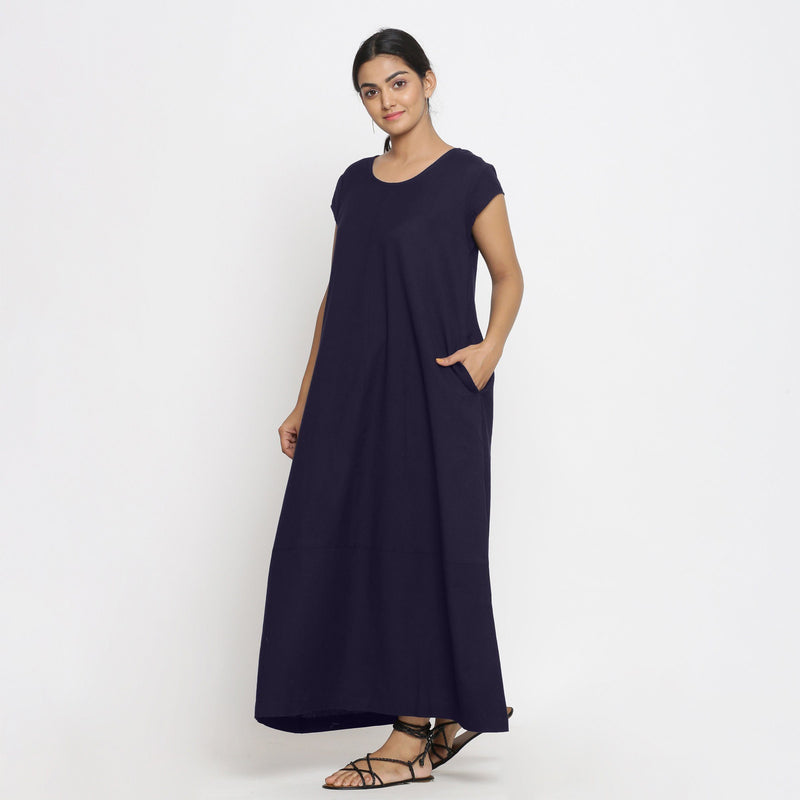Left View of a Model wearing Navy Blue Cotton Flax A-Line Paneled Dress