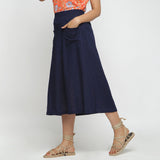 Left View of a Model wearing Navy Blue Cotton Flax Paneled Elasticated Midi Skirt
