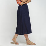 Right View of a Model wearing Navy Blue Cotton Flax Paneled Elasticated Midi Skirt