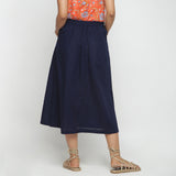 Back View of a Model wearing Navy Blue Cotton Flax Paneled Elasticated Midi Skirt