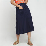 Front View of a Model wearing Navy Blue Cotton Flax Paneled Elasticated Midi Skirt