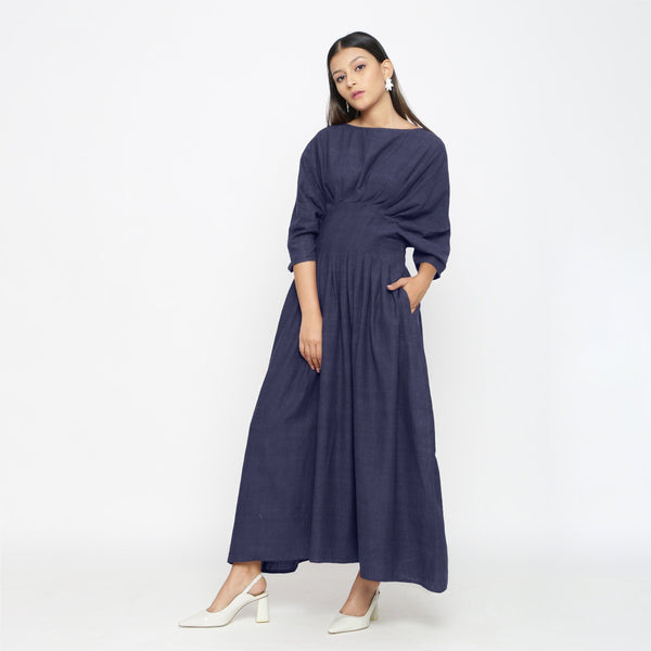 Navy Blue Cotton Flax Ankle Length Pleated Flared Dress