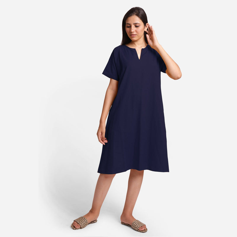 Front View of a Model wearing Navy Blue Cotton Flax Anti-Fit Dress
