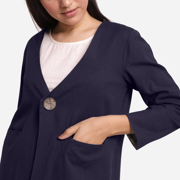 Front Detail of a Model wearing Navy Blue Cotton Flax Brown A-Line Jacket