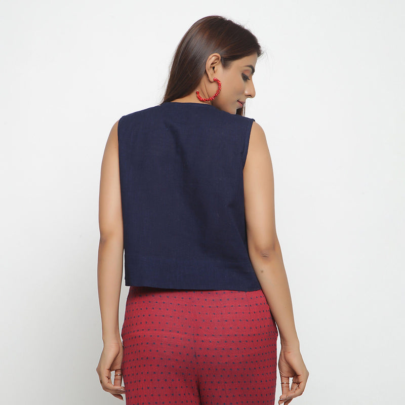 Back View of a Model wearing Navy Blue Cotton Flax Button-Down Shirt