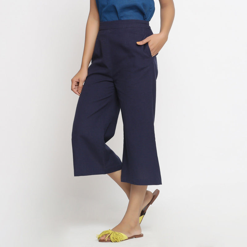 Left View of a Model wearing Solid Navy Blue Cotton Flax Culottes