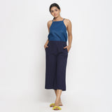 Front View of a Model wearing Solid Navy Blue Cotton Flax Culottes