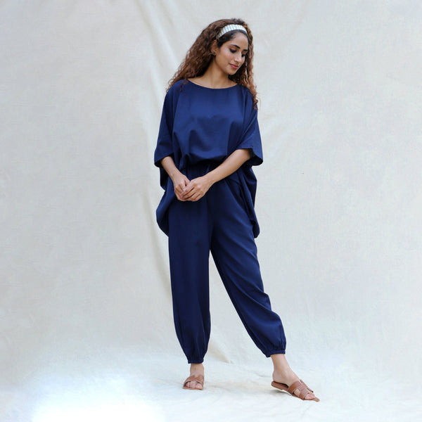 Front View of a Model wearing Navy Blue Cotton Flax High-Rise Elasticated Jogger Pant