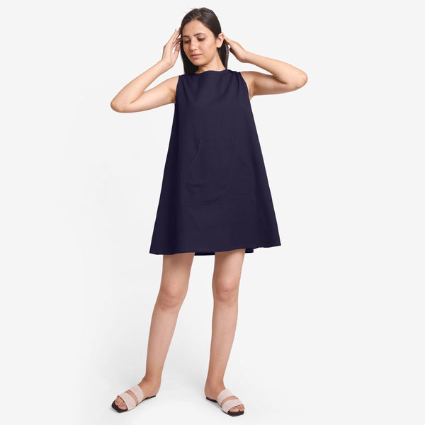 Front View of a Model wearing Navy Blue Cotton Flax Kangaroo Pocket Dress