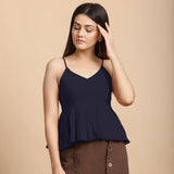 Front View of a Model wearing Navy Blue Cotton Flax Pleated Camisole Top