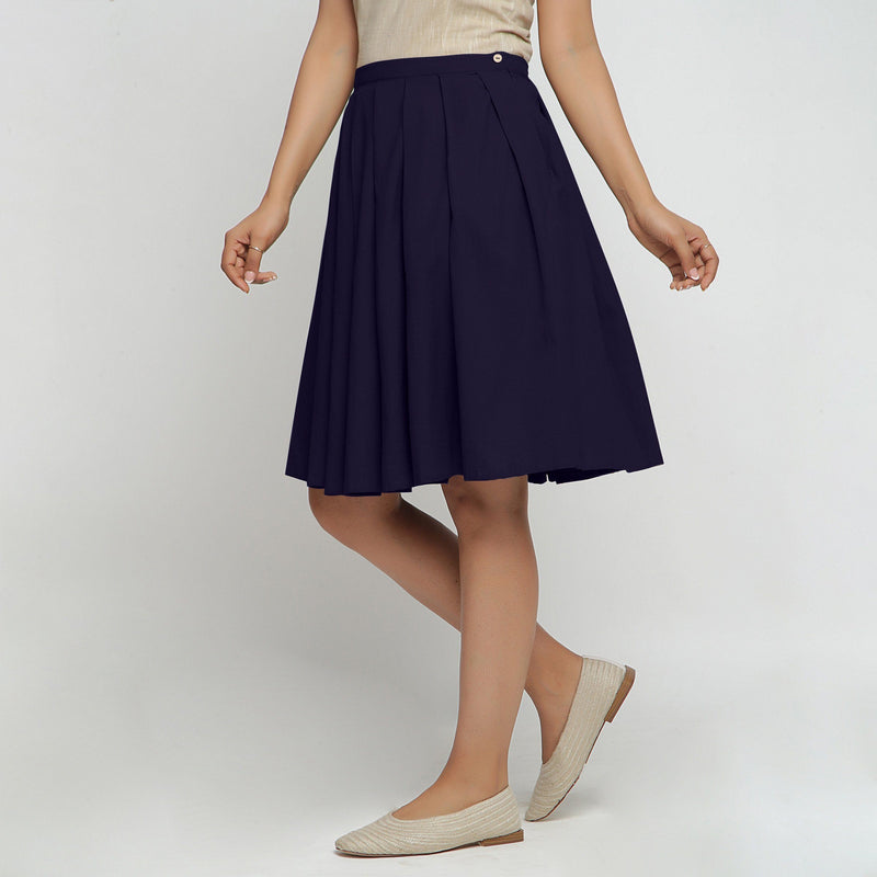 Left View of a Model wearing Navy Blue Cotton Flax Pleated Skirt