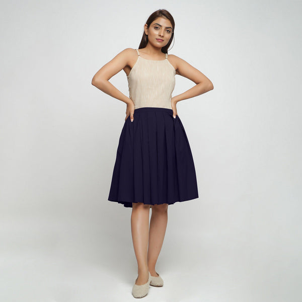 Front View of a Model wearing Navy Blue Cotton Flax Pleated Skirt