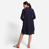 Back View of a Model wearing Navy Blue Cotton Flax Knee Length Shirt Dress