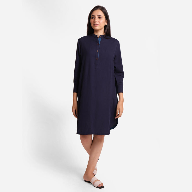 Front View of a Model wearing Navy Blue Cotton Flax Knee Length Shirt Dress