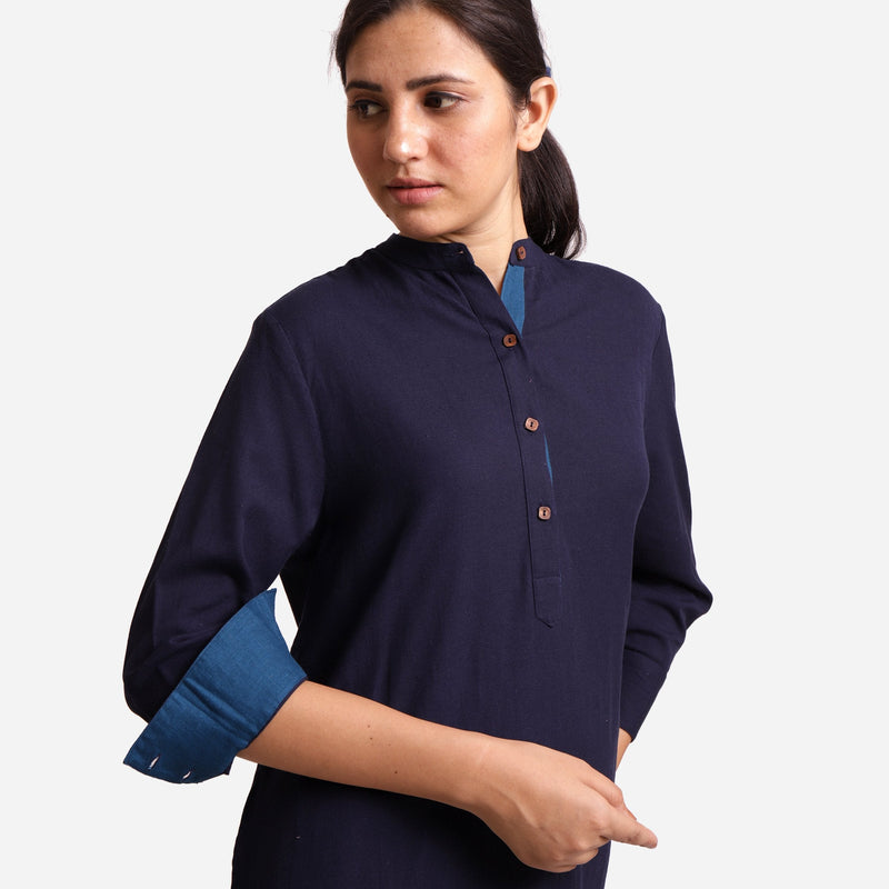 Front Detail of a Model wearing Navy Blue Cotton Flax Knee Length Shirt Dress