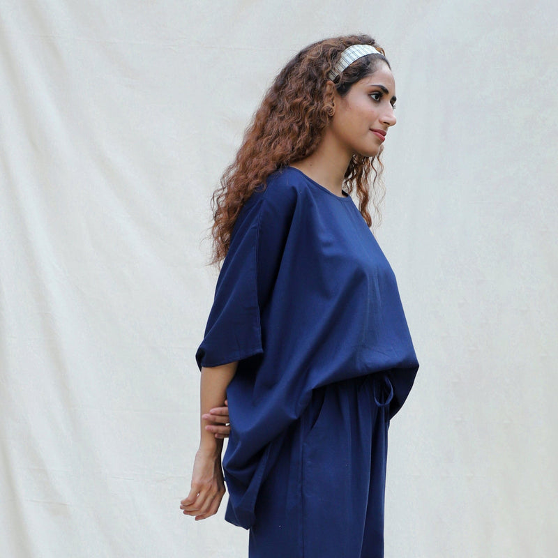 Right View of a Model wearing Navy Blue Cotton Flax Short Kaftan Top