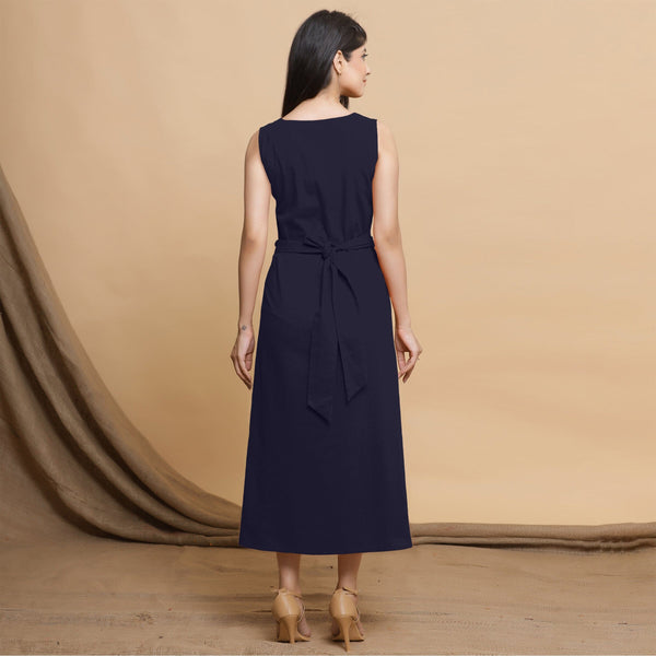 Navy Blue Cotton Flax Sleeveless A-Line Midi Dress