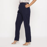 Left View of a Model wearing Cotton Flax Navy Blue Straight Pant