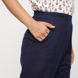 Right Detail of a Model wearing Cotton Flax Navy Blue Straight Pant