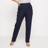 Front View of a Model wearing Cotton Flax Navy Blue Straight Pant