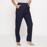 Right View of a Model wearing Cotton Flax Navy Blue Straight Pant