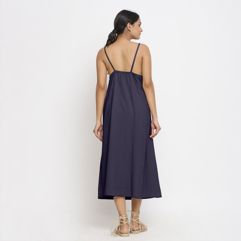 Back View of a Model wearing Navy Blue Cotton Flax Strap Sleeve A-Line Dress