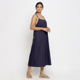 Right View of a Model wearing Navy Blue Cotton Flax Strap Sleeve A-Line Dress