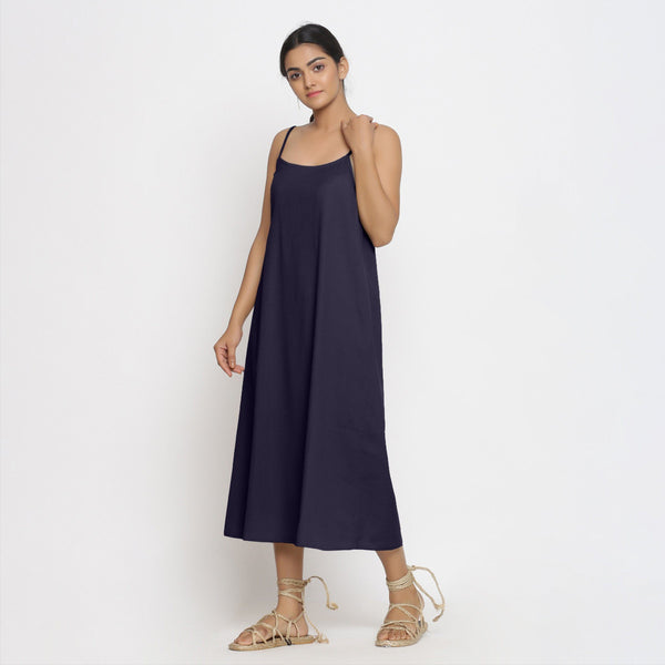 Front View of a Model wearing Navy Blue Cotton Flax Strap Sleeve A-Line Dress