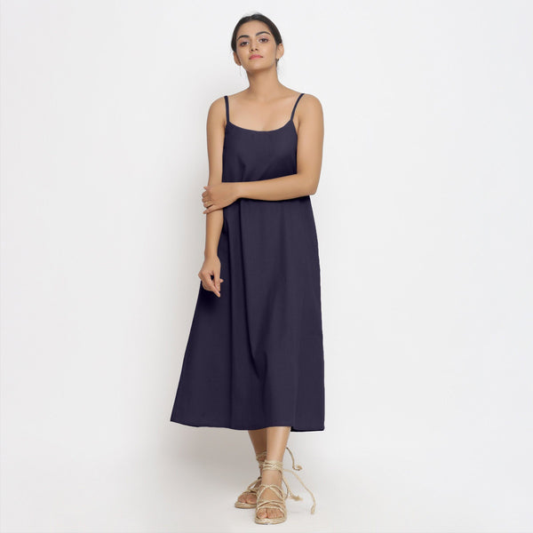 Front View of a Model wearing Navy Blue Cotton Flax Strap Sleeve A-Line Dress
