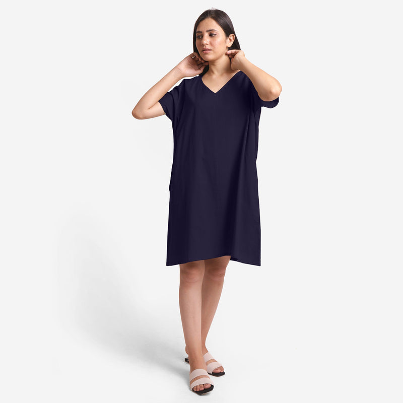 Front View of a Model wearing Navy Blue Cotton Flax V-Neck Tunic