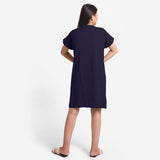 Back View of a Model wearing Navy Blue Cotton Flax V-Neck Tunic