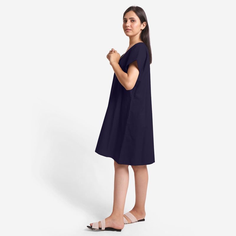 Left View of a Model wearing Navy Blue Cotton Flax V-Neck Tunic
