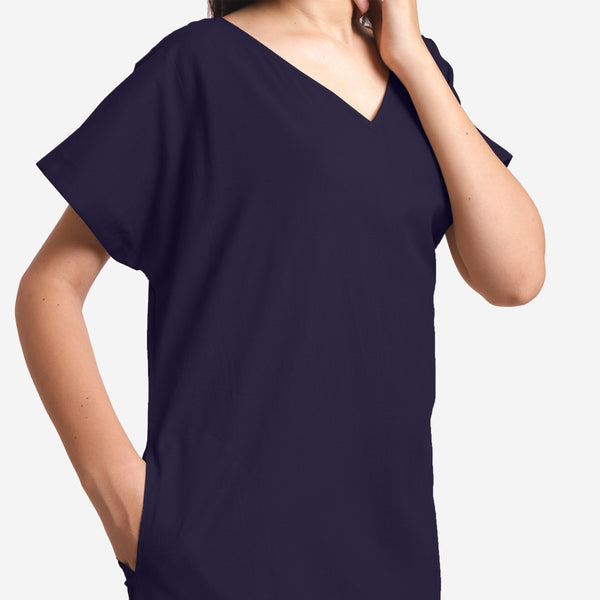 Front Detail of a Model wearing Navy Blue Cotton Flax V-Neck Tunic