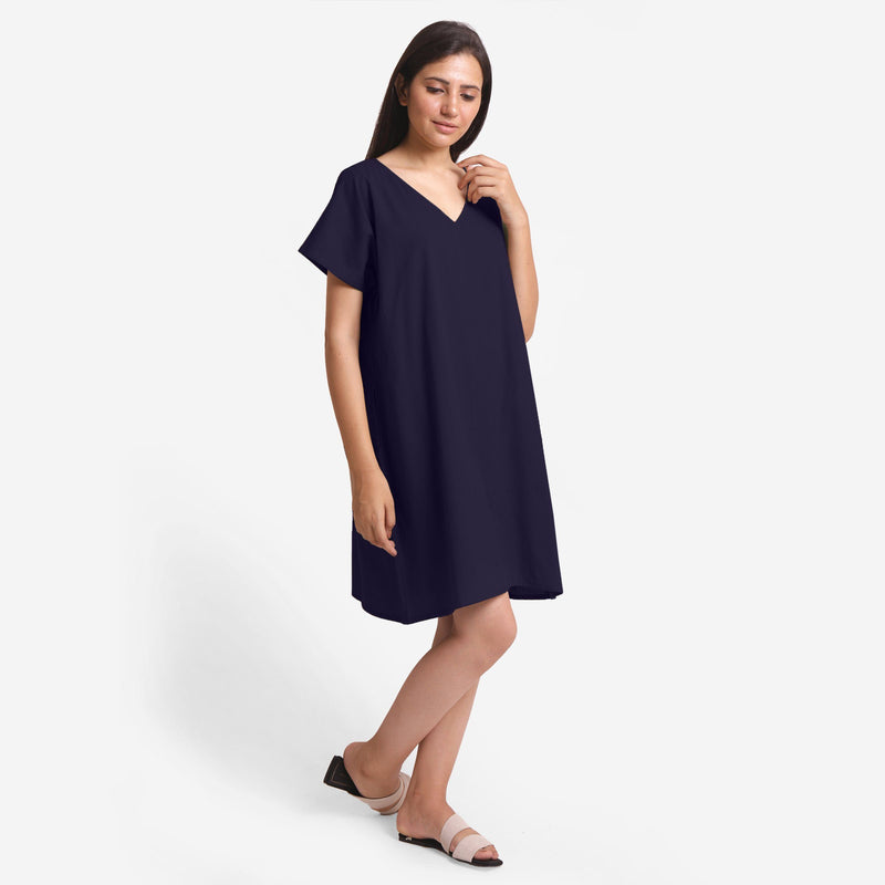Right View of a Model wearing Navy Blue Cotton Flax V-Neck Tunic