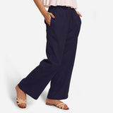 Right View of a Model wearing Navy Blue Cotton Flax Wide Legged Straight Pant